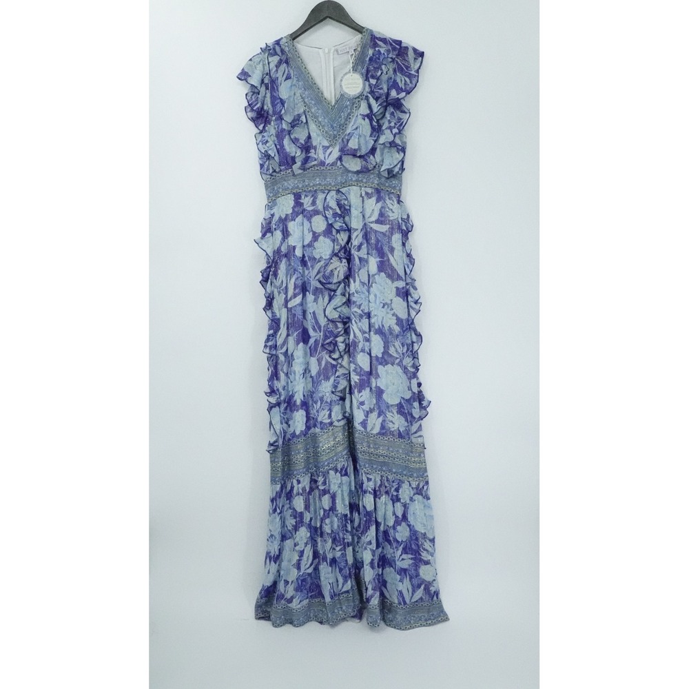 Just Bellina Dress Womens Medium Blue Metallic Ruffle‎ Boho Maxi Chic Boho Flowy